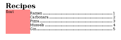 Example of leaders in a table of contents with float element on left side