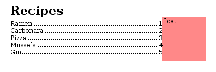 Example of leaders in a table of contents with float element on right side