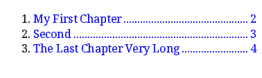 Table of Content with dots between chapter titles and page numbers